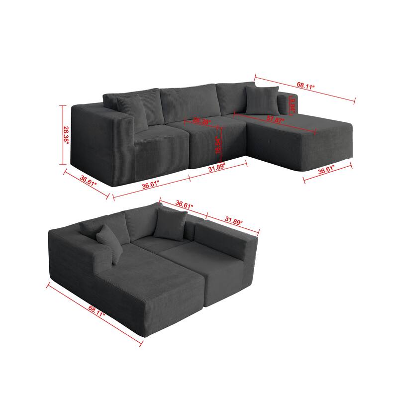 Sectional Sofa and Module, Mid-Century Modern L Shaped Couches 3-Seat Sofa Grey Right - Grey