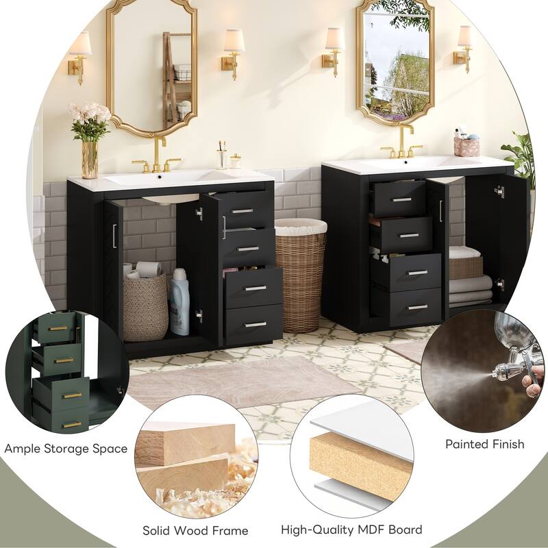 72" Solid Wood Freestanding Bathroom Vanity with Dual Ceramic Sinks, Double Storage Cabinet with Drawers and Soft-Close Doors