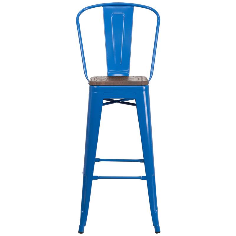 30" High Metal Barstool with Back and Wood Seat - 17.75"W x 20"D x 45.25"H
