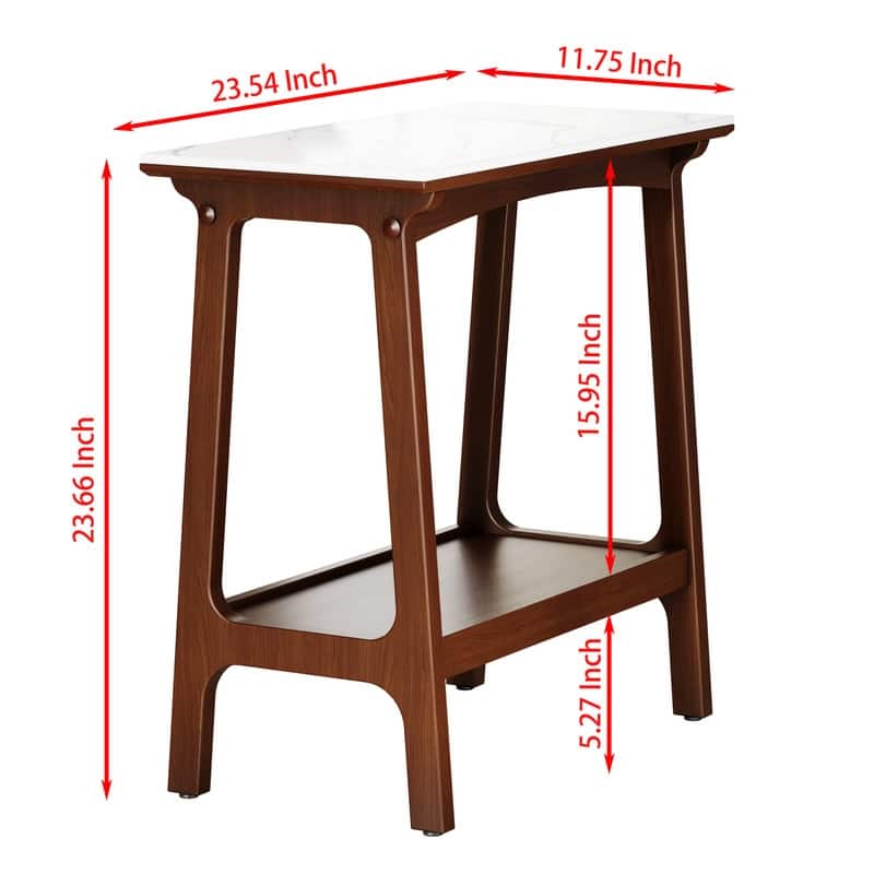 Retro Reddish Brown Slim Side Table with Storage Shelf, Farmhouse Bedside End Table for Small Spaces