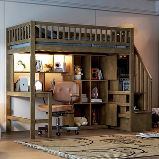 Wooden Loft Bed Twin Size High Loft Bed with Light, Cabinets and Storage Shelves, All-in-One Bed Frame with Staircase and Desk