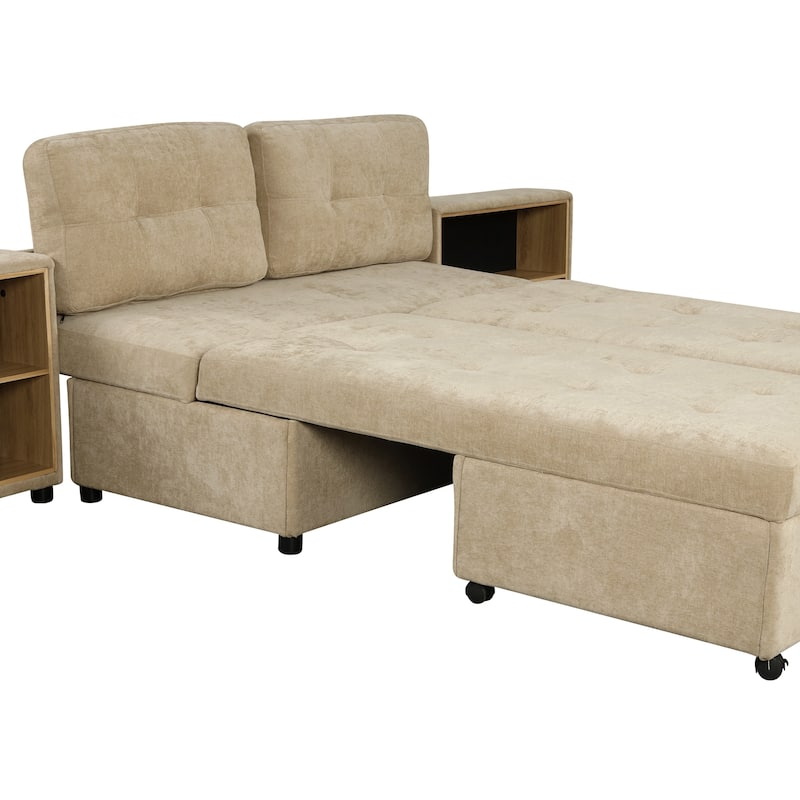 121.2" Chenille Modular Sofa Bed with Two Storage Racks, Free-Combined Design, and Smooth-Rolling Wheels