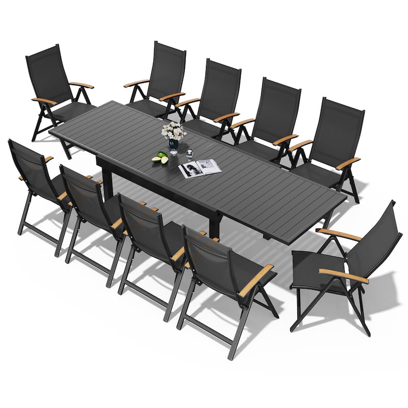 5/7/11PC Outdoor Aluminum Expandable Rectangle Patio Dining Table with Folding Chairs