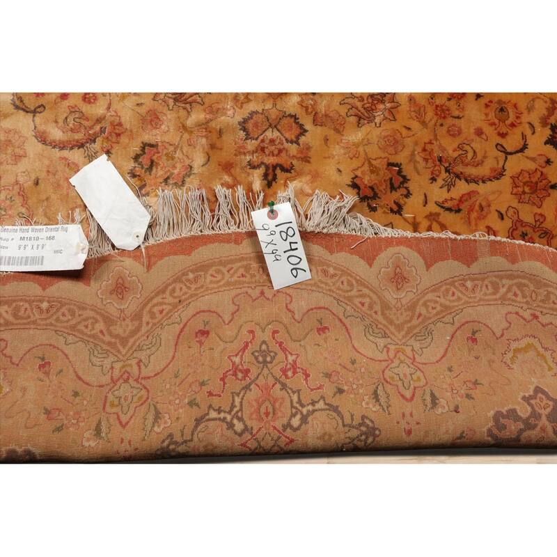Hand Knotted Tabriz Tan Wool & Silk Traditional Oriental Area Rug - 9' 9'' x 9' 9''