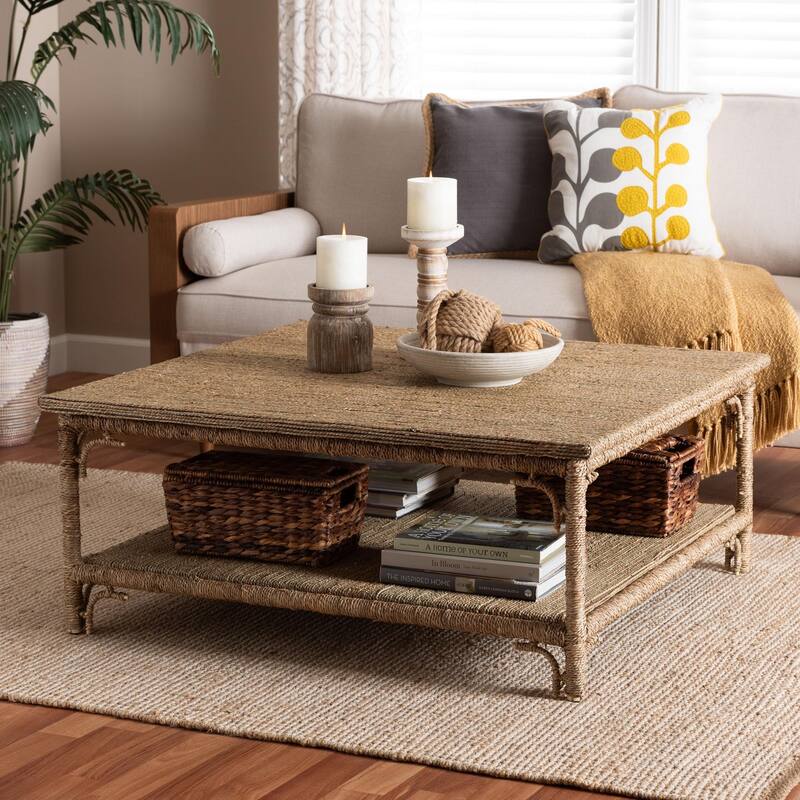 Ganit Handwoven Seagrass Coffee Table - Square Table with Lower Shelf, Coastal Boho Accent Furniture for Living Room or Lounge