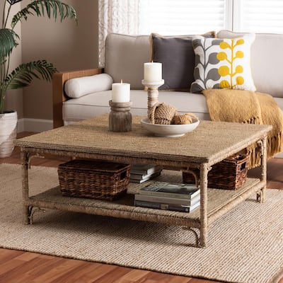 Ganit Handwoven Seagrass Coffee Table - Square Table with Lower Shelf, Coastal Boho Accent Furniture for Living Room or Lounge