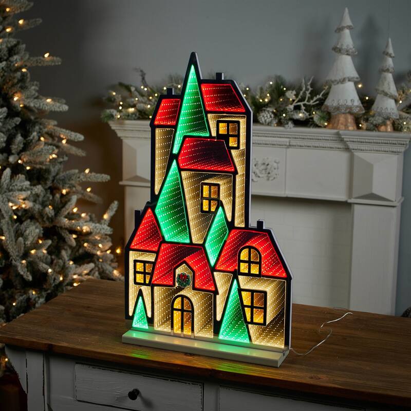 Acrylic Winter Village House with Infinity Lights and Pine Accents - 16.5” x 4” x 28” (L x W x H)