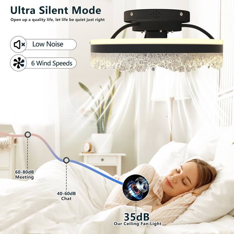 LunaDrift 16"20"24" Modern Black Crystal Smart Flush Mounted Ceiling Fan with Light, Dimmable Bedroom Ceiling Fan w/Remote