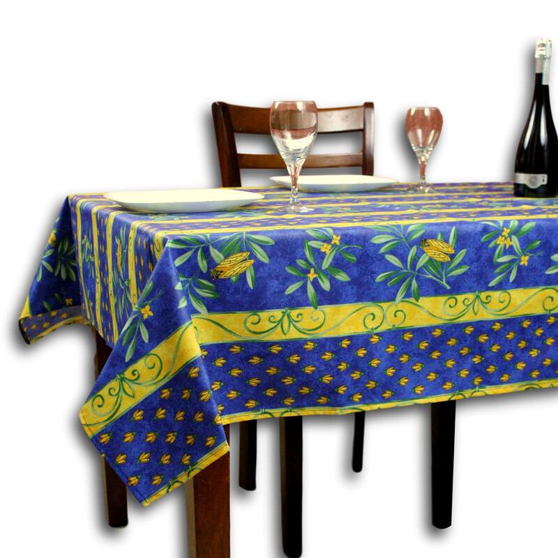 Wipeable French Spill Resistant Bees Print Acrylic Coated Tablecloth - 60 x 78 in - Blue Stripes