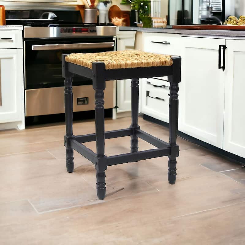 HomeRoots 24" Natural And Black Solid Wood Backless Counter Height Bar Chair With Footrest - 16.5