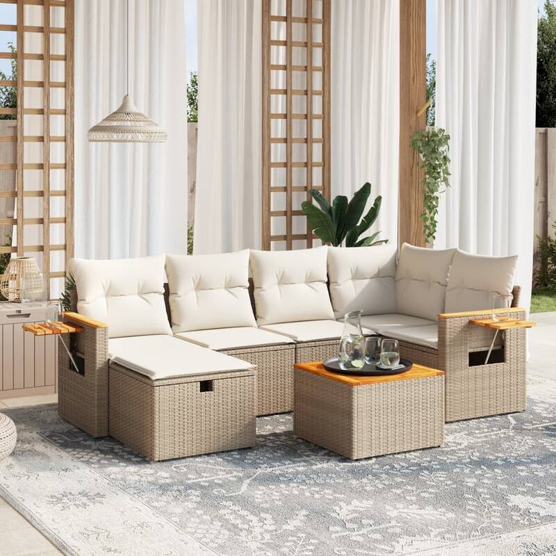vidaXL Patio Sofa Set with Cushions Outdoor Conversation Furniture Poly Rattan - Beige with table - 92.1 x 24.4 x 27.2 in