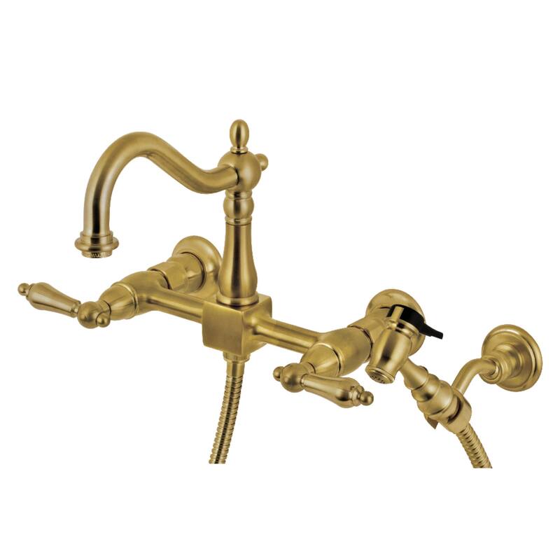 Heritage Wall Mount Bridge Kitchen Faucet with Brass Sprayer - Brushed Brass