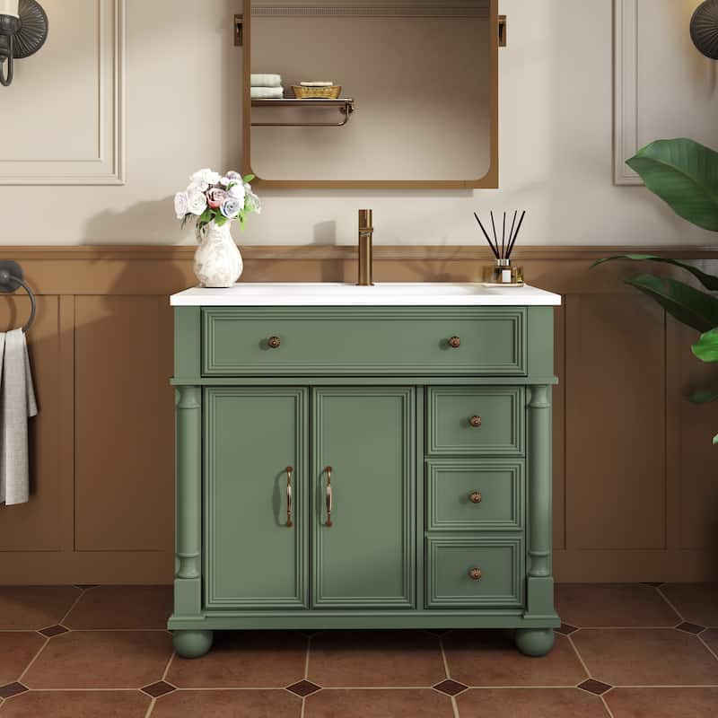 28"/36" Bathroom Vanity with Sink, Integrated Ceramic Basin Vanity Cabinet with Roman Column Base, Solid Wood Frame