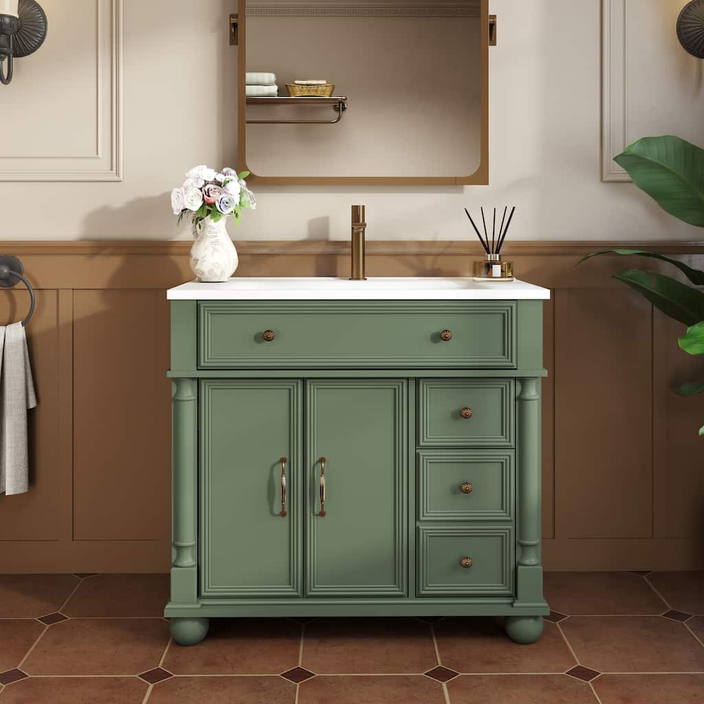 35.6-Inch Mid-Century Bathroom Vanity Sink with Roman Column Base, Farmhouse Freestanding Vanity Cabinet