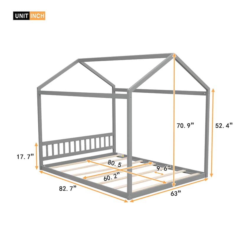 Roomfitters Queen Size Wooden House Bed with Headboard and Modern Frame Design
