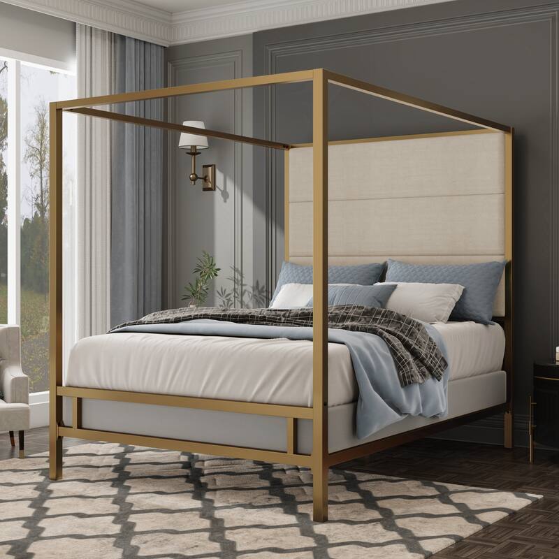 Modern Canopy Bed with 76.5" Tall Fabric Upholstered Headboard Metal 4-Poster Bed Frame