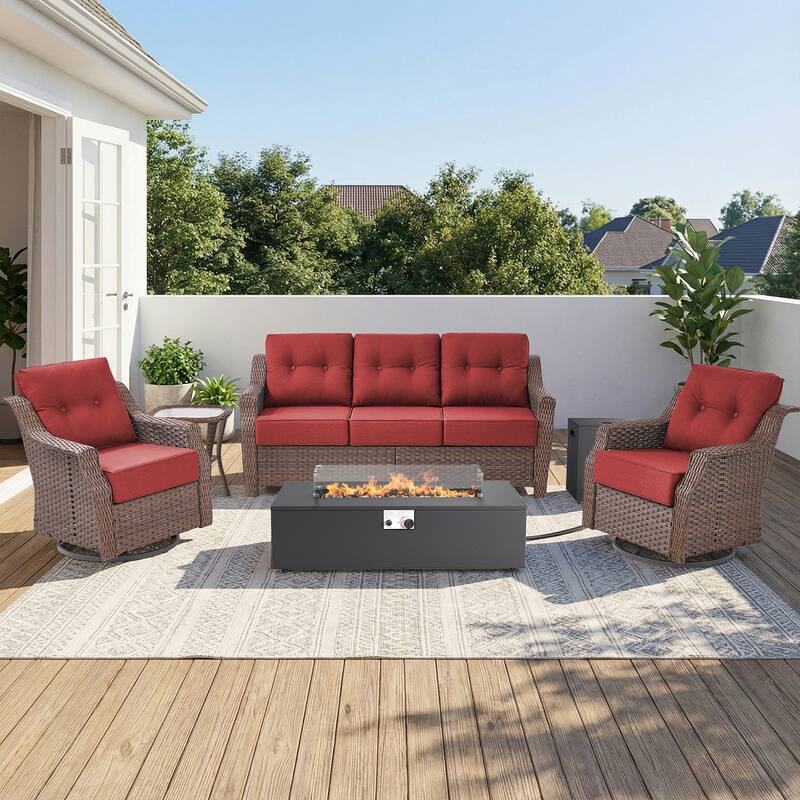 Pocassy 5/7PCS Sofa Swivel Chair Ottoman with Fire Pit Table - Brown Wicker Red Cushion - 5-Piece Sofa Swivel Chair with Fire Pit Table