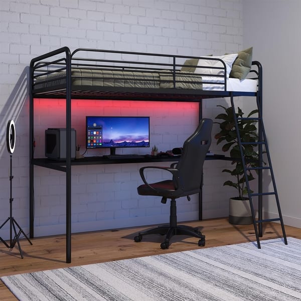 slide 2 of 10, NTense Contra Gaming Loft Bed with Desk and LED Lights, Twin, Black Twin - Black
