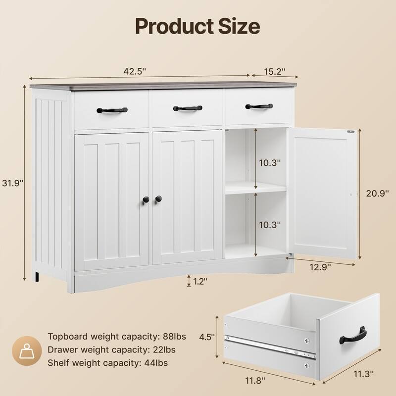 42.5" Farmhouse Buffets Sideboard, Modern Wood Kitchen Storage Cabinet with Adjustable Shelf