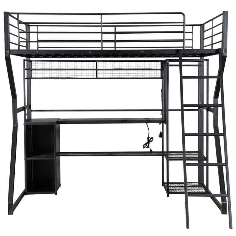 Full Size Metal Gaming Bed with Built-in Desk and LED Light, Storage Loft Bed Frame with Open Wardrobe and Multiple Shelves