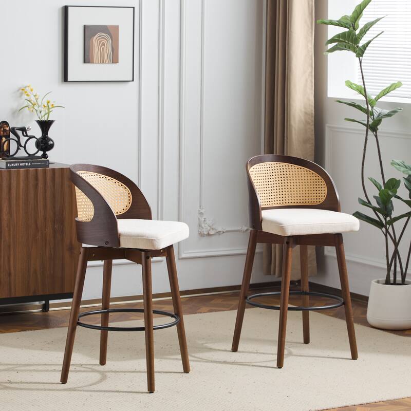 Roomfitters Como Indoor Wood Barstools with Rattan Back, PU Seat Set of 2 - Set of 2 - Beige,Walnut
