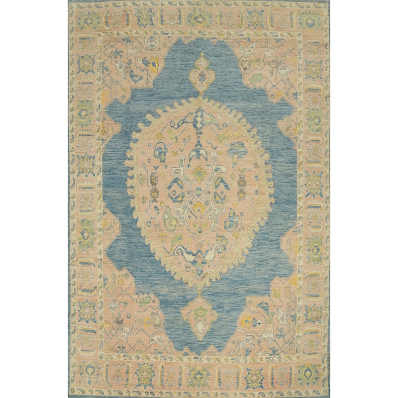 Vegetable Dye Wool Oushak Turkish Area Rug, Medallion Geometric Carpet - 13' 4'' X 9' 10''