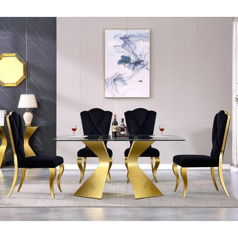 63 inch Glass Dining Table Modern Dining Room Table for 4-6 with Rectangle Tempered Glass Top and Metal Legs