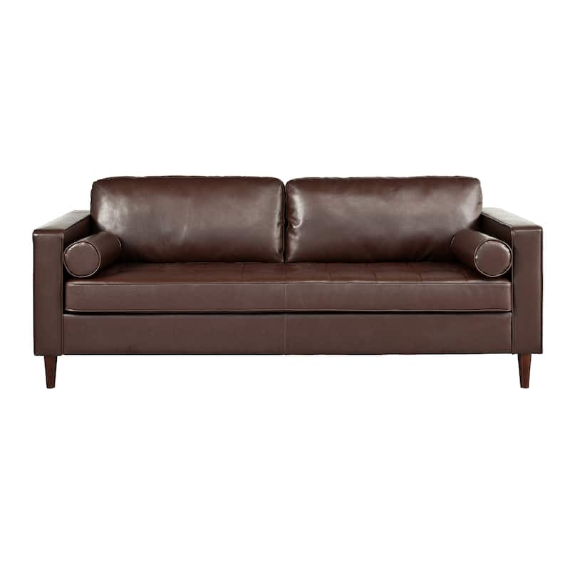 Mirod Mid-Century Modern PU Leather 3-Seat Sofa, Tufted Design, Solid Wood Legs, 2 Bolster Pillows