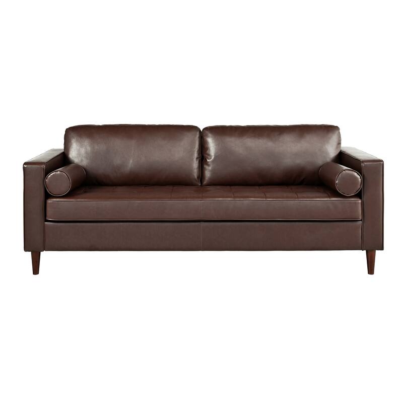 PU Leather Upholstered 3 Seater Sofa, Tufted Sofa with 2 Bolster Pillows, Lounge Sofa Chair with Solid Wood Legs