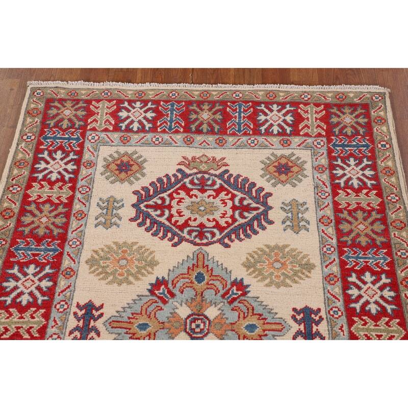 Geometric Ivory Kazak Oriental Accent Rug Hand-Knotted Wool Carpet - 3'5"x 4'11"