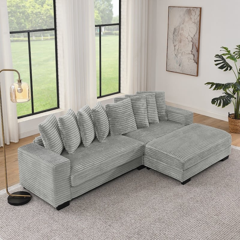 110.63" L-Shaped Modular Convertible Corduroy Tufted Upholstered Sleeper Sectional Sofa - Grey