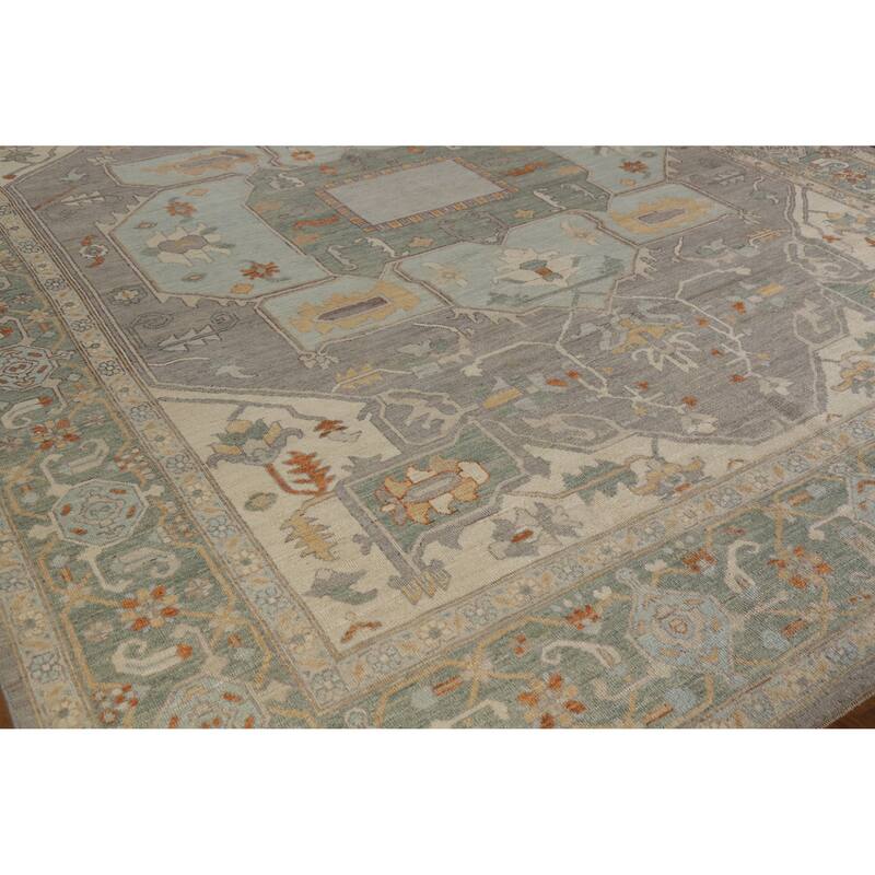 Hand Knotted Oriental 100% Wool Carpet Transitional Medallion Greys & Charcoal Oushak Area Rug - 14' 2'' X 10' 2''