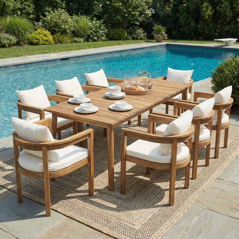 Christopher Knight Home - Outdoor Solid Acacia Wood 9-Piece Dining Set with Cushioned Chairs and Large Rectangular Table