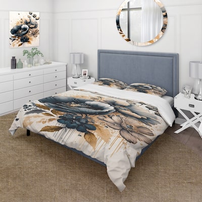 Designart "Navy Blue And Gold Poppy Flowers III" Blue Traditional - Bedding Cover Set With Shams
