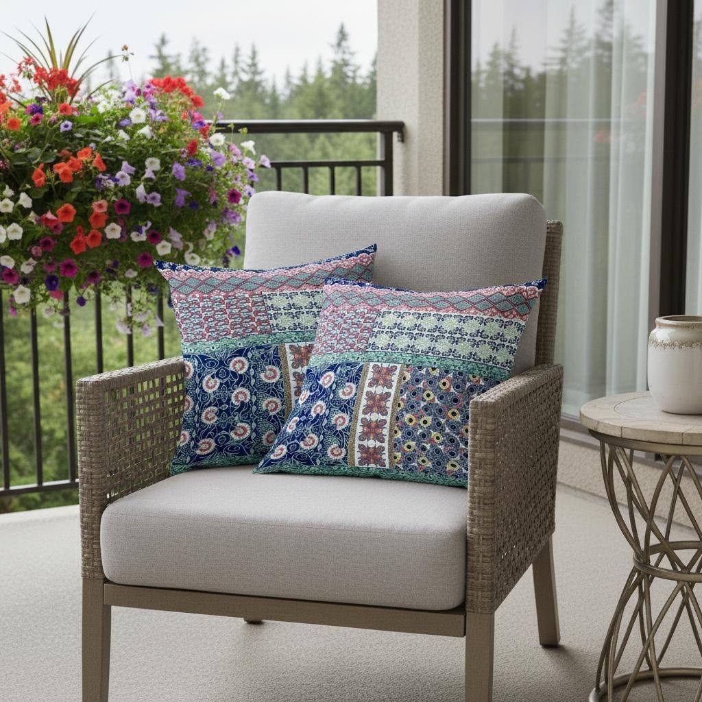 HomeRoots Set of Two 16" X 16" Blue and Pink Blown Seam Floral Indoor Outdoor Throw Pillow - 16.00' X '16.00' X '5.00