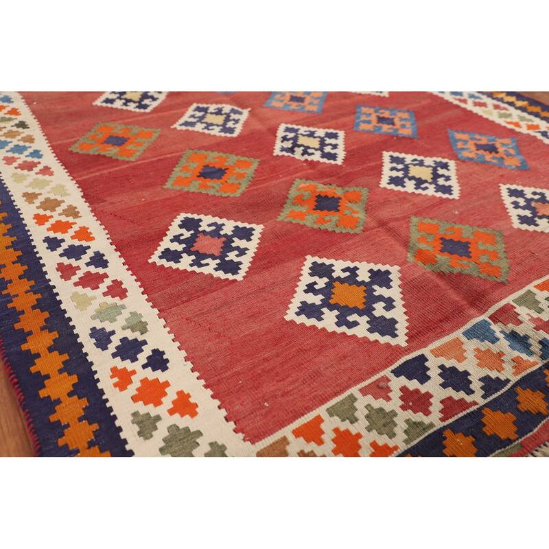 Kilim Qashqai Persian Vintage Rug Flatweave Bedroom Red Wool Carpet - 4'2"x 7'2"