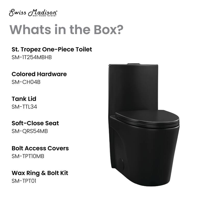 St. Tropez One Piece Elongated Toilet Dual Vortex Flush In Matte Black, Black Hardware 1.1/1.6 Gpf - 27" x 15.15" 31.2"