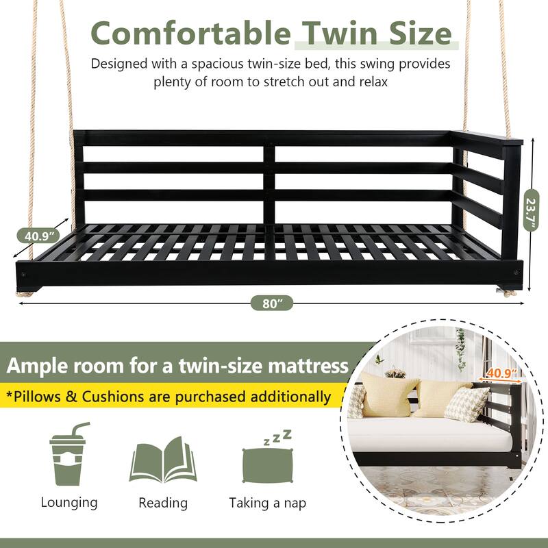 Country Style Acacia Wood Porch Swing Bed,Twin Size Outdoor Daybed with 4x 96" Hemp Ropes,Rustic Patio Hanging Swing for Garden