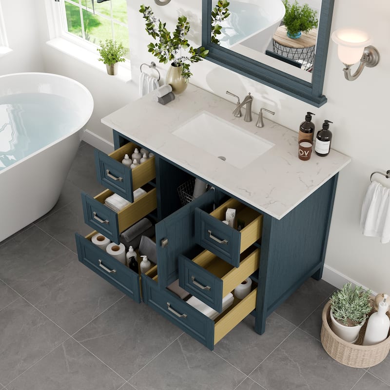 Eviva Britney 42"W x 22"D Ash Blue Bathroom Vanity with White Carrara Quartz Vanity Top - 42
