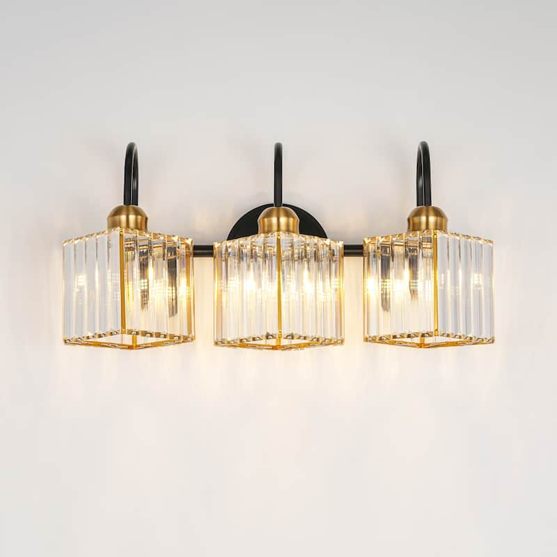 3/4-Light Mid-Century Modern Black and Gold Bathroom Vanity Light Cylinder Crystal Wall Sconces Lighting