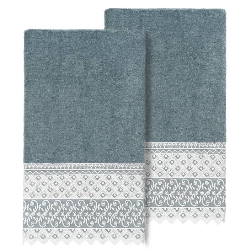 Authentic Hotel and Spa Turkish Cotton Aiden 2PC White Lace Embellished Bath Towel Set - Teal
