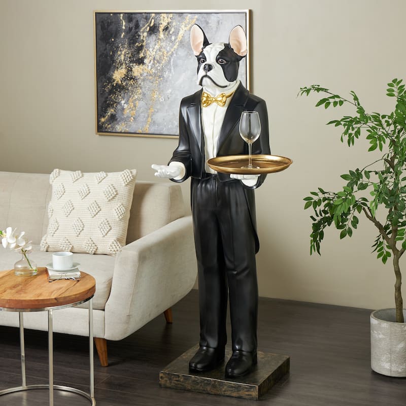 White Resin Floor Waiter Animal Decorative Sculpture with Gold Bow Tie and Plate - White