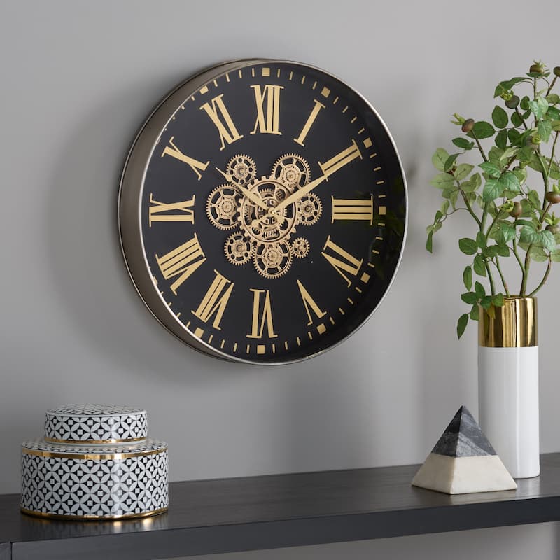 SEI Furniture Thatcher Roman Gear Clock - 20"W x 3"D x 20"H - Black/Gold