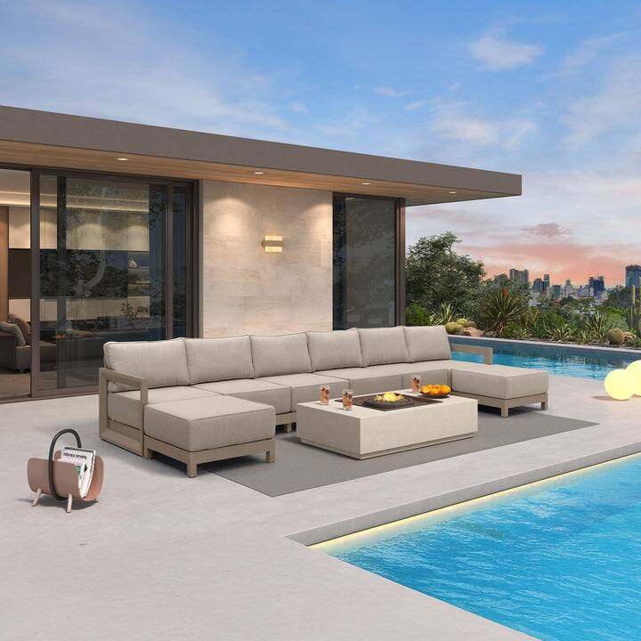 PURPLE LEAF Caesar Khaki Outdoor Couch with 9.6" Thick Cushion and Table for Yard Porch Deck Outdoor Patio Conversation Sets - 6 Seats+2 Ottomans - U-shaped