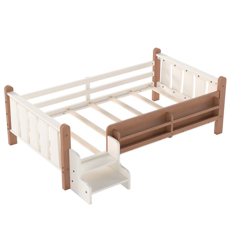 Full/Twin Floor Bed with Storage Bookcases & Cute Stairs - Solid Wood Kids Bed, No Box Spring