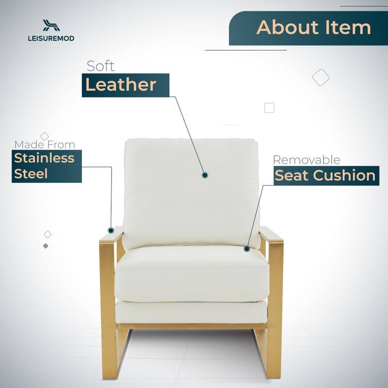 Jefferson Contemporary Leather Accent Armchair with Brushed Gold Base, Removable Cushions, and Durable Spring-Supported Seat
