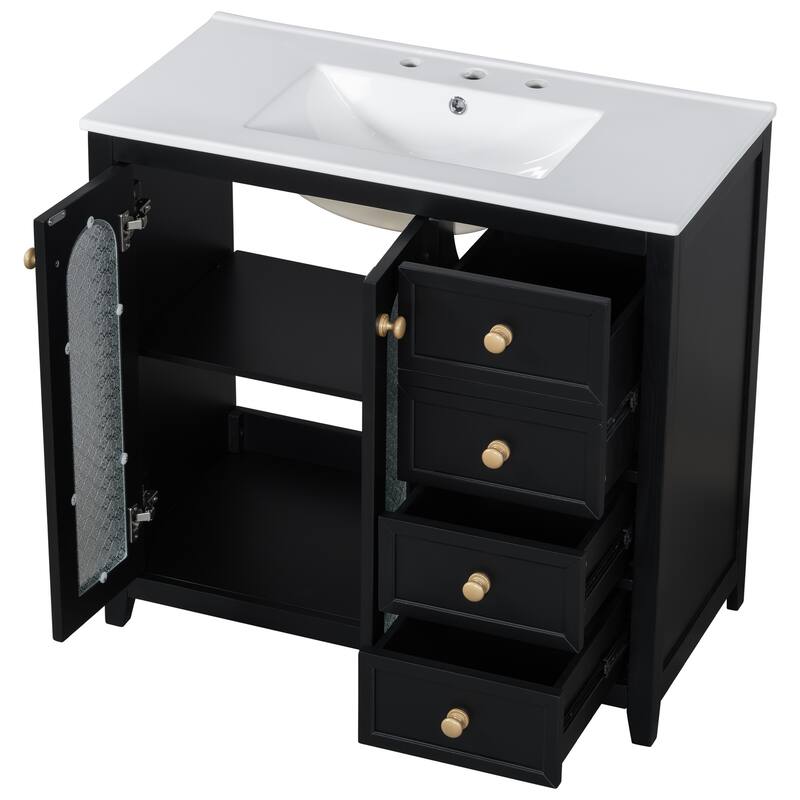 Bathroom Vanity with Ceramic Sink, Bathroom Cabinet with 2 Glass Door and 3 Drawers, Vanity Set with Adjustable Shelf
