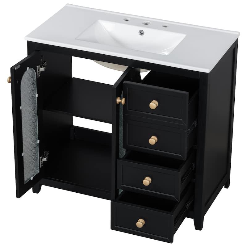 Roomfitters 36" Bathroom Vanity with Two Soft Close Doors, Adjustable Shelves and Three Drawers