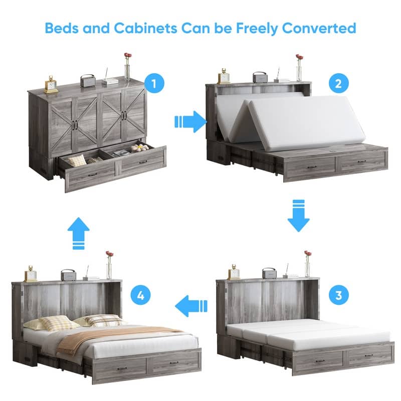 Mixoy Modern Queen Size Murphy Bed with 4.7''Mattress,USB ports,Storage Drawers