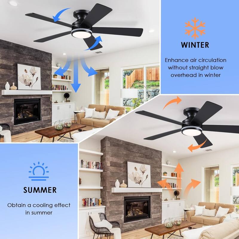 46 Inch Flush Mount Ceiling Fan with Light 5 Reversible Dual Side Blades for Bedroom,Living Room,Patio - 46 Inches